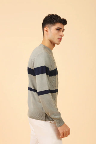 CABLE KNIT CONTRAST STRIPE SWEATER