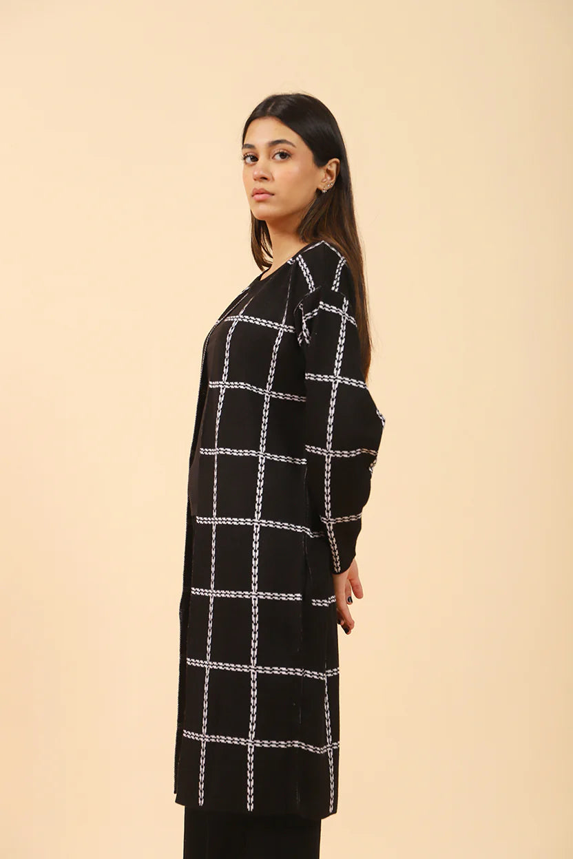 CHECKERED JACQUARD FRONT OPEN CARDIGAN