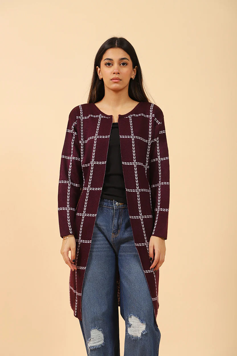 CHECKERED JACQUARD FRONT OPEN CARDIGAN