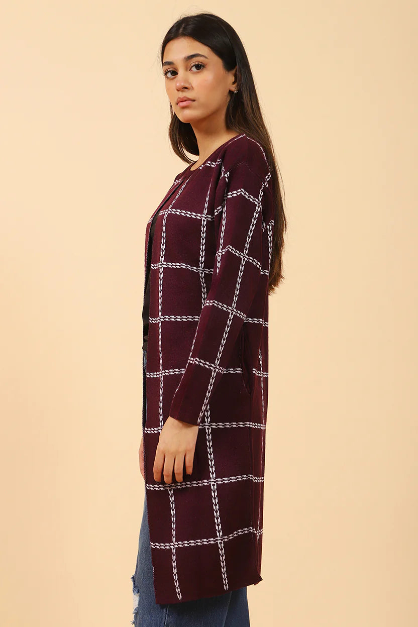 CHECKERED JACQUARD FRONT OPEN CARDIGAN