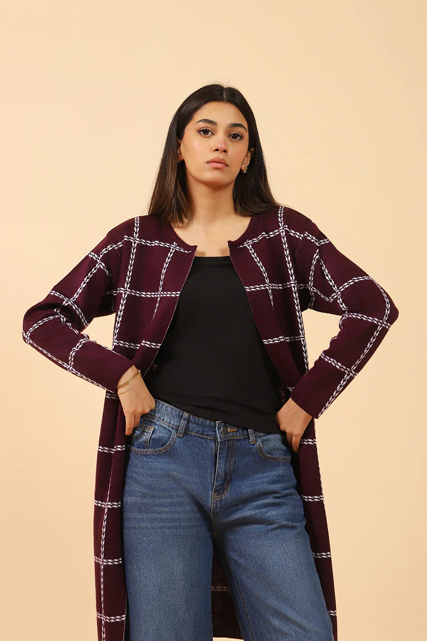 CHECKERED JACQUARD FRONT OPEN CARDIGAN